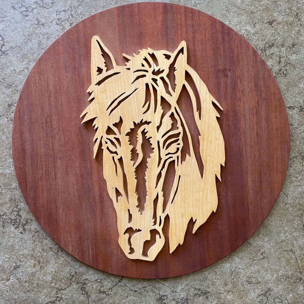 13" Retro Horse Lover Wall Hanging Rustic Wood Two Tone Barn Decor Picture Art